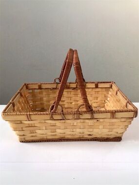 Vintage Rectangular Wicker Basket With Handles That Lie Down Farmhouse Decor